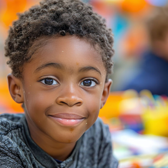 A young boy with a big smile in a creative setting.