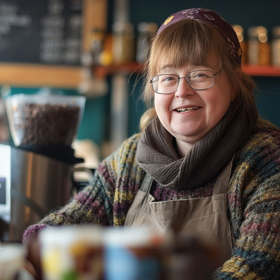 A woman wearing glasses sits at a table, enjoying a cup of coffee.