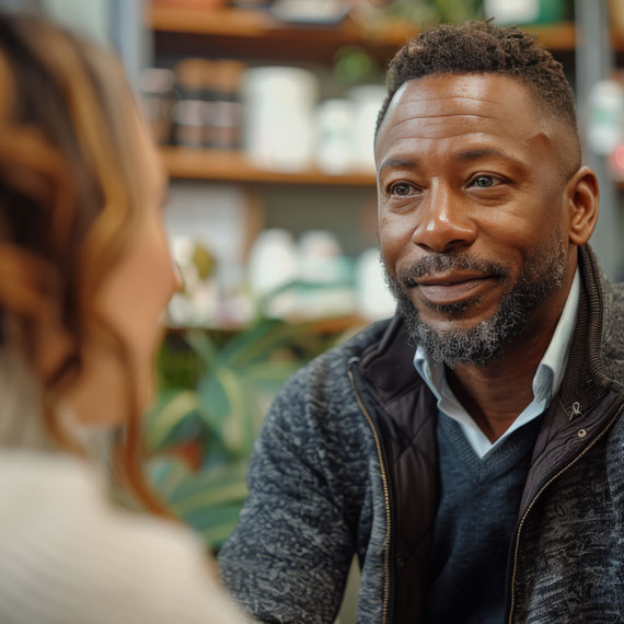 A man listens attentively to someone blurred in the foreground.