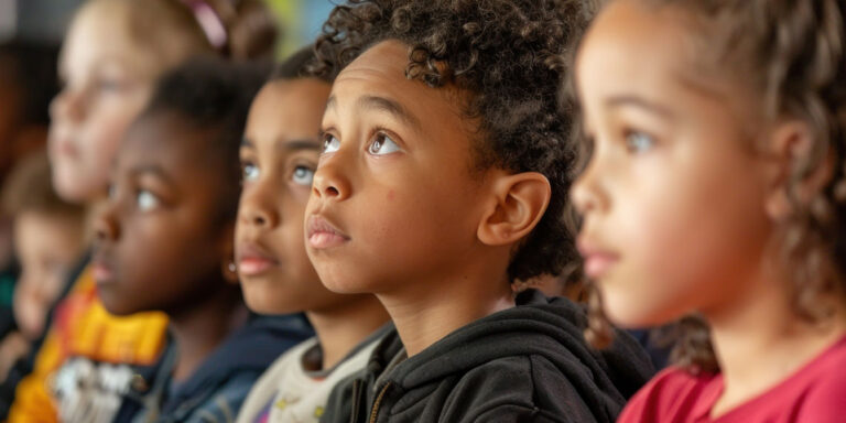 A group of children seated in a row attentively looking up at something.