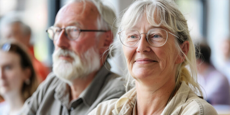 An older couple are seated in a room, participating in a discussion and looking attentive.