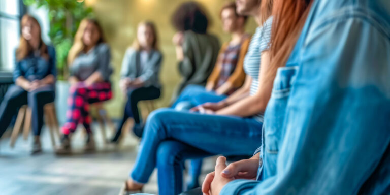 A group of people sitting in a row.